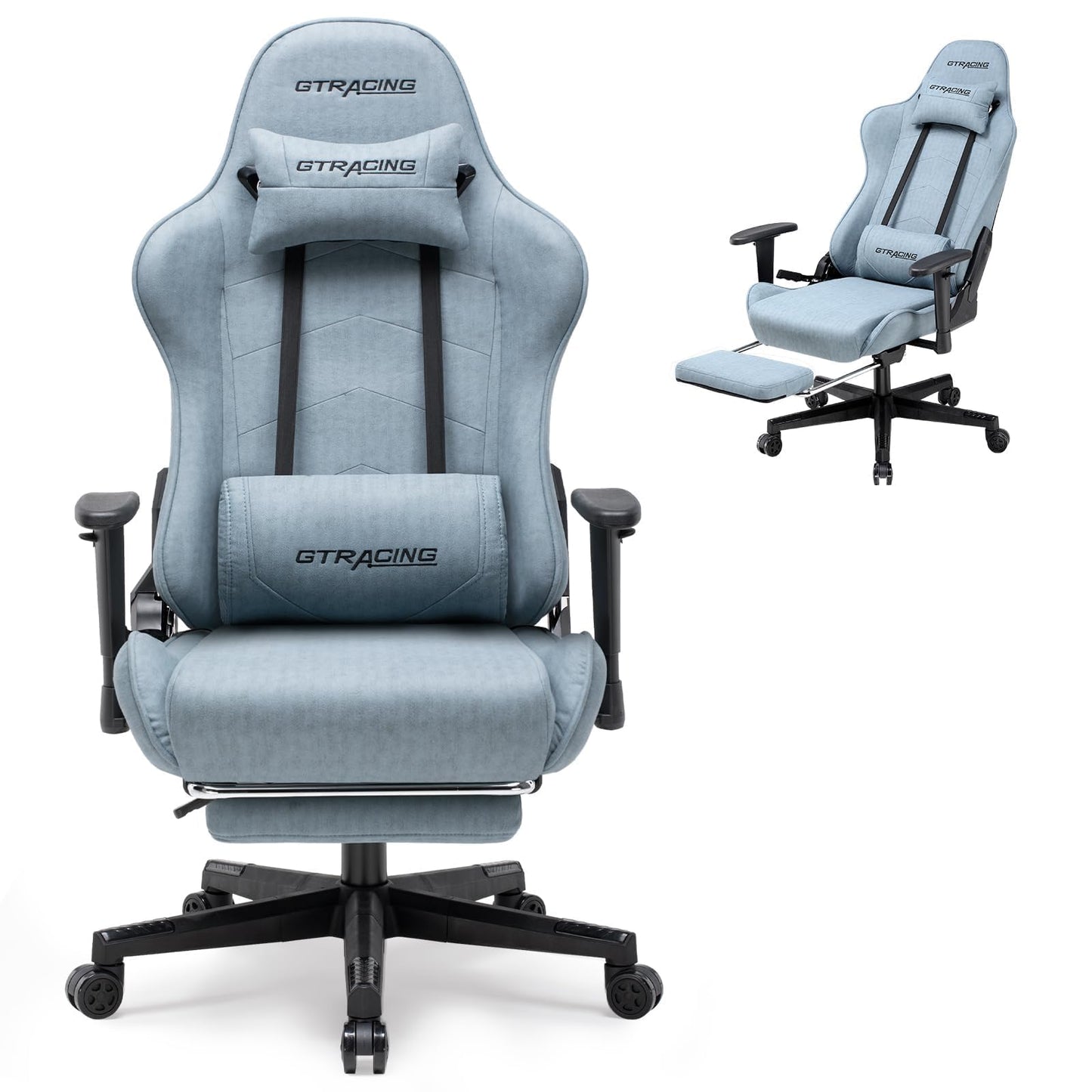 GTRACING Gaming Chair Breathable Fabric, Racing Style Computer Chair for Adult, Adjustable Reclining Backrest and Lumbar Support, Stylish High Back Chair for Gaming and Office (Light Blue)