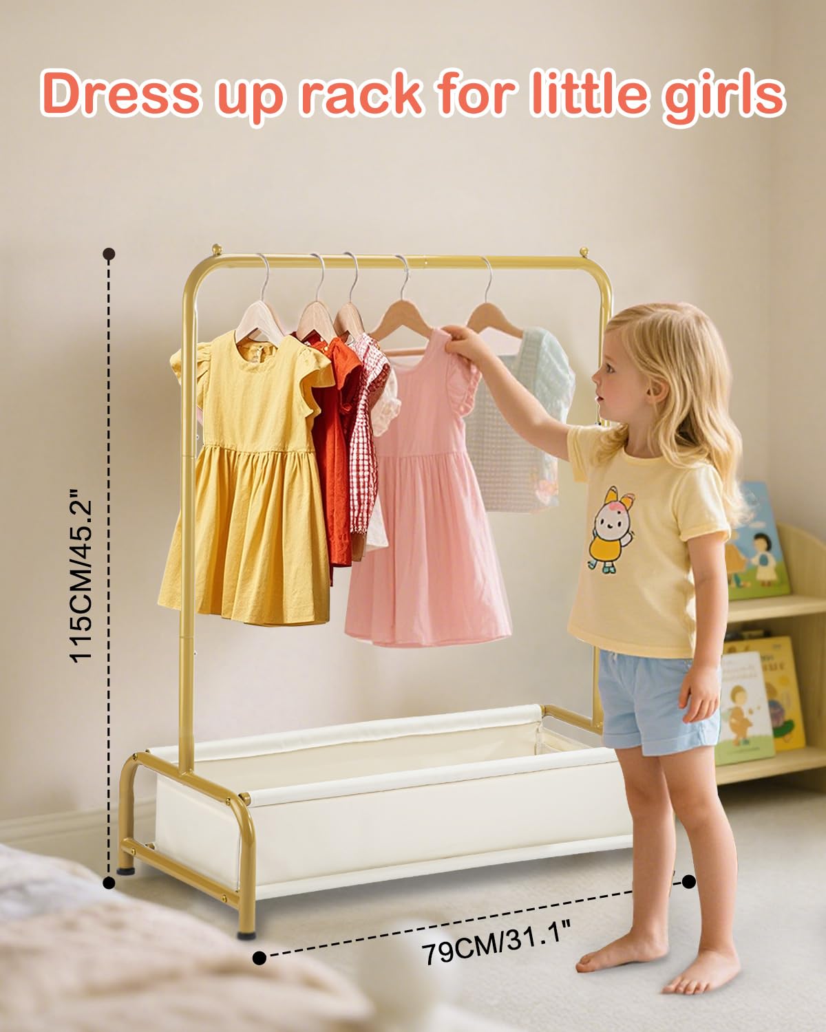 Atrastout Kids Clothing Rack-Portable Kids Clothing Rack with Storage Shelf - Toddler Garment Organizer for Baby Clothes, Dance Costumes, Girls Gift Ideas（Bright Gold）