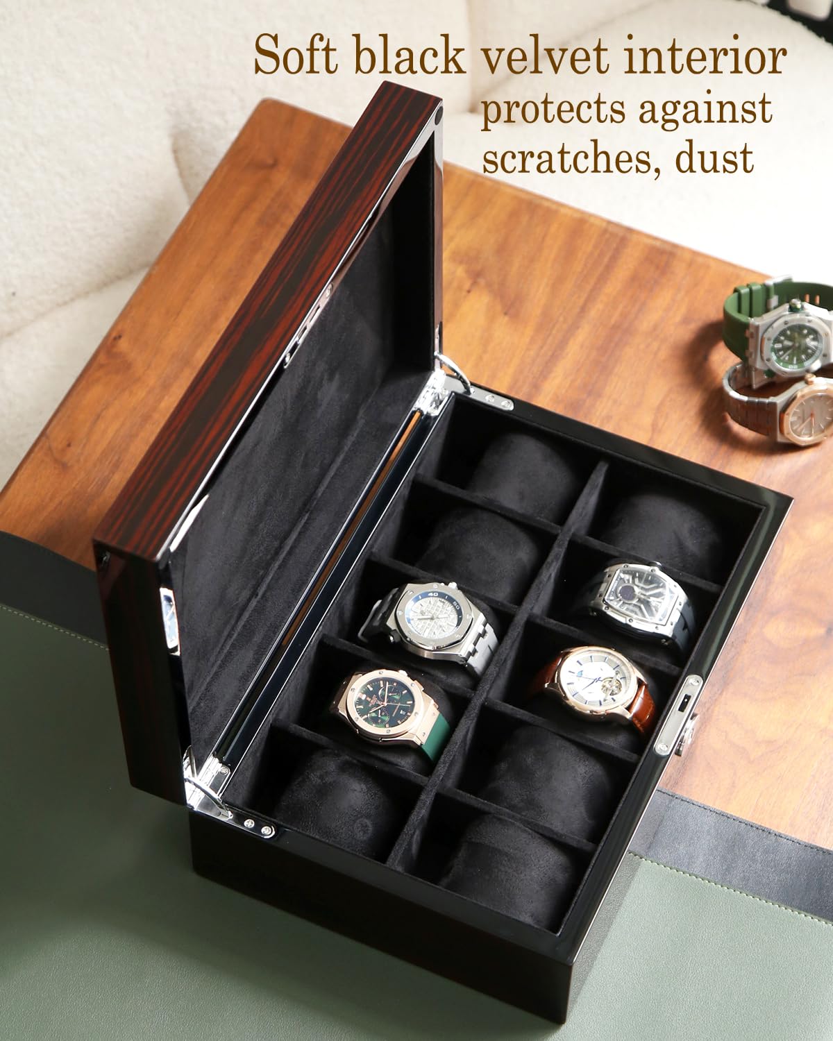 Bonaking 10-Slot Watch Storage Box with Windowless Lid, Ebony Wood Grain, High Gloss Finish, Lock & Velvet Interior, Fits Watches up to 57mm – Luxury Watch Organizer Gift for Men