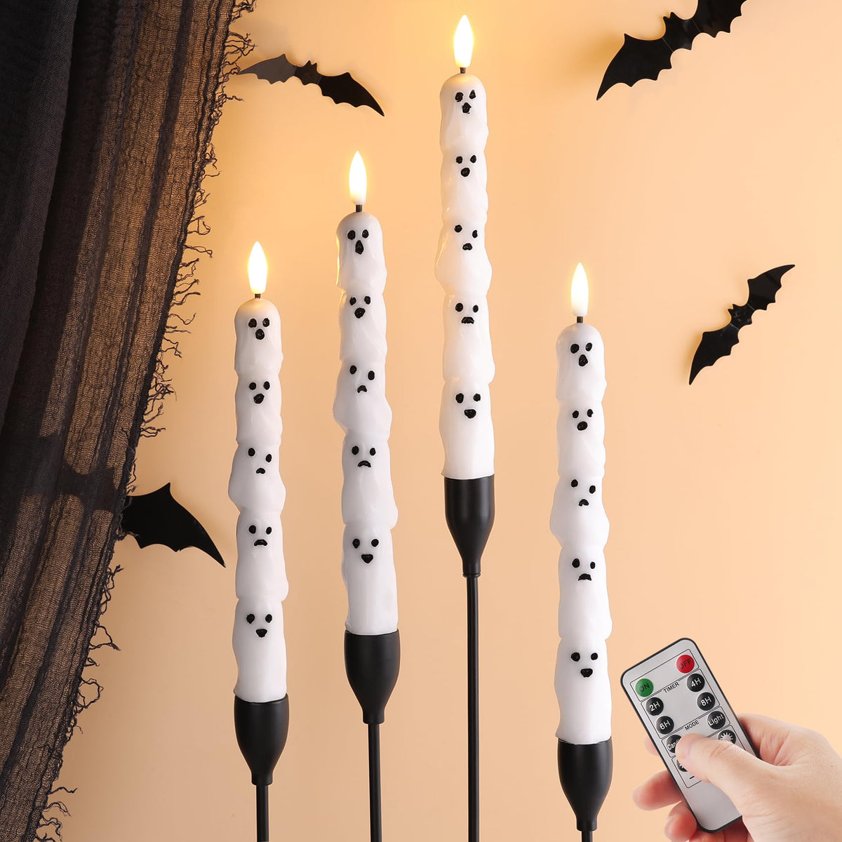 Eywamage White Ghost Flameless Taper Candles with Remote, Flickering Real Wax Battery LED Candlesticks Set of 4