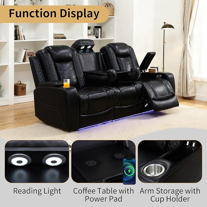 Caberryne Power Recliner Sofa Set with LED Lights,Leather Reclining Couch and Loveseat Set with USB Port/Coffee Table/Cup Holder,Living Room Set with 4 Recliner Seats for House(2 Piece Set,Black)