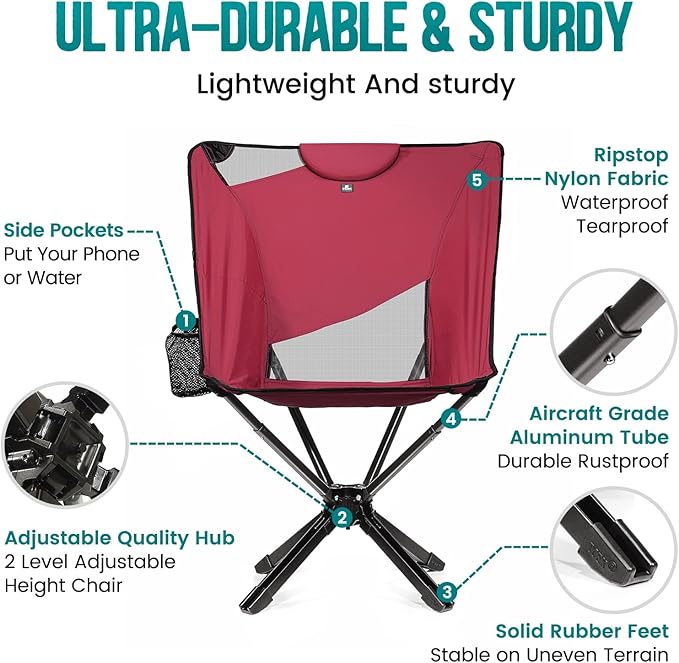 TCEK Portable High Back Camping Chair with Adjustable Height, Small Compact Outdoor Folding Chair for Adults Travel, Riselite Collapsible Lightweight Packable Camp Chairs, Easy Carry and Quick Setup