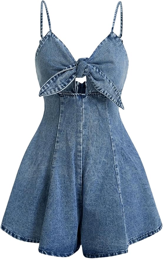OYOANGLE Women's Vintage Bowknot Spaghetti Strap Denim Romper Sleeveless Wide Leg Jean Short Jumpsuits