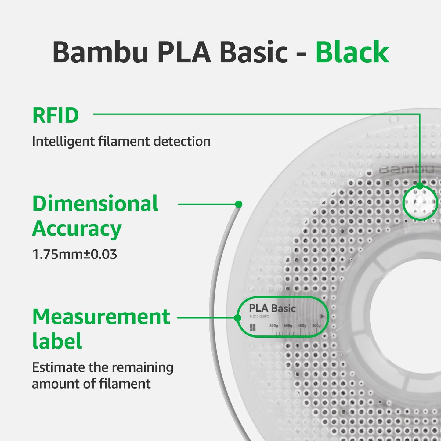 Bambu Lab PLA Basic Filament 1.75mm 1kg Spool - PLA 3D Printer Filament, Smooth Finish, Low Warp, Easy to Print, Compatible with Bambu Lab & Most FDM 3D Printers, Black (10101) - Spool