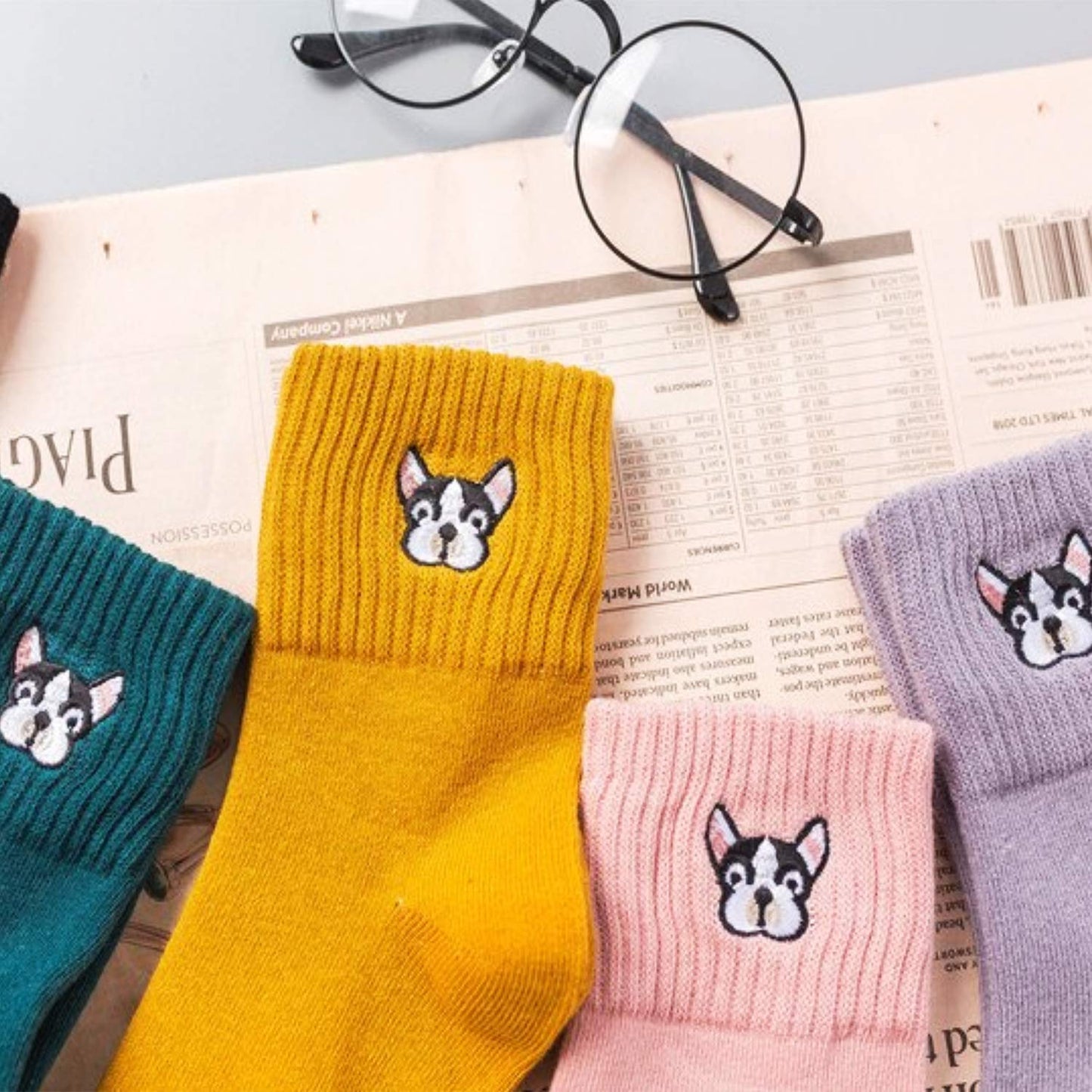 Jinny's Shoppe Women’s Cute Crew Socks Gift Set – 3/5 Pairs Warm Cotton Novelty Holiday Socks for Christmas, Birthday, Valentine’s Gift (Bulldog Embroidery)