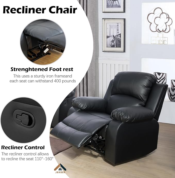 JBXBER Manual Recliner Sofa Set for Living Room, Leather Reclining Sofa Sets, Faux Leather Couch Set with Cup Holders, Drop-Down Table and Storage Console(Sofa and Chair,Black)