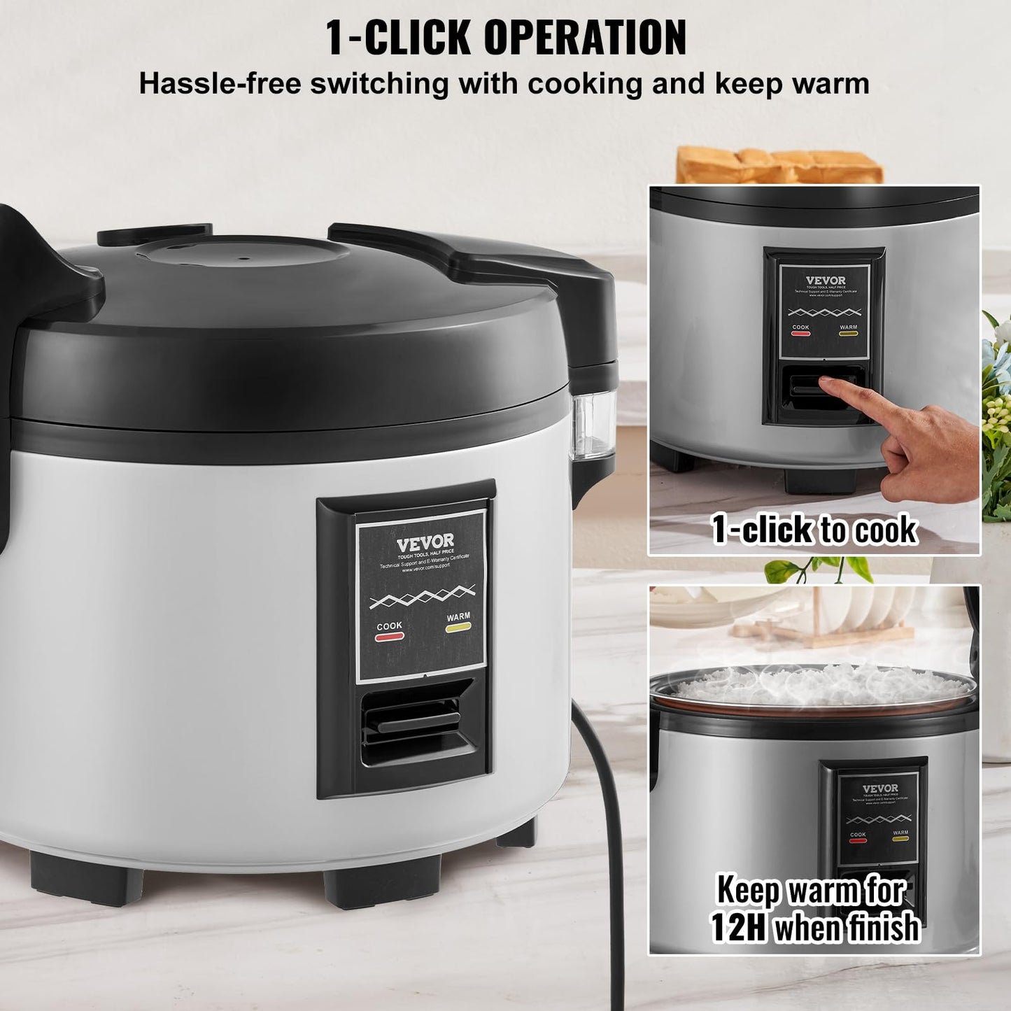 VEVOR Commercial Rice Cooker, 60-Cup Rice Cooker, 13.74 Qt / 13 Liter Large Rice Cooker and Warmer with Nonstick Inner Pot, Fast Cooking and 12-Hour Keep Warm, with Rice Cup and Paddle, for Restaurant