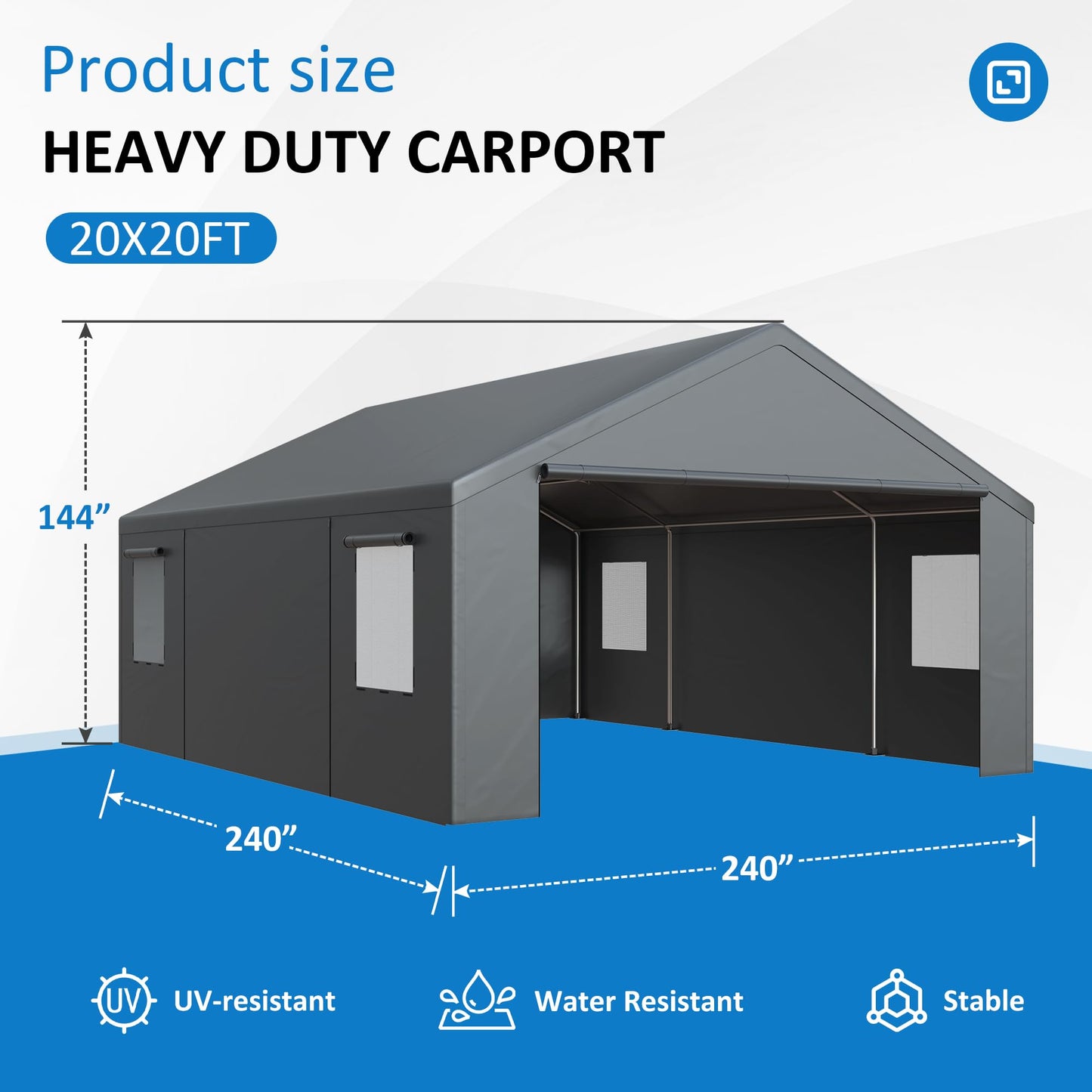 Polar Aurora Carport 20x20 FT, Heavy Duty Car Port Canopy, with 2 Side-Opening Door & Roll-Up Windows, Outdoor Portable Garage for Car, Truck, Boat, Motorcycle