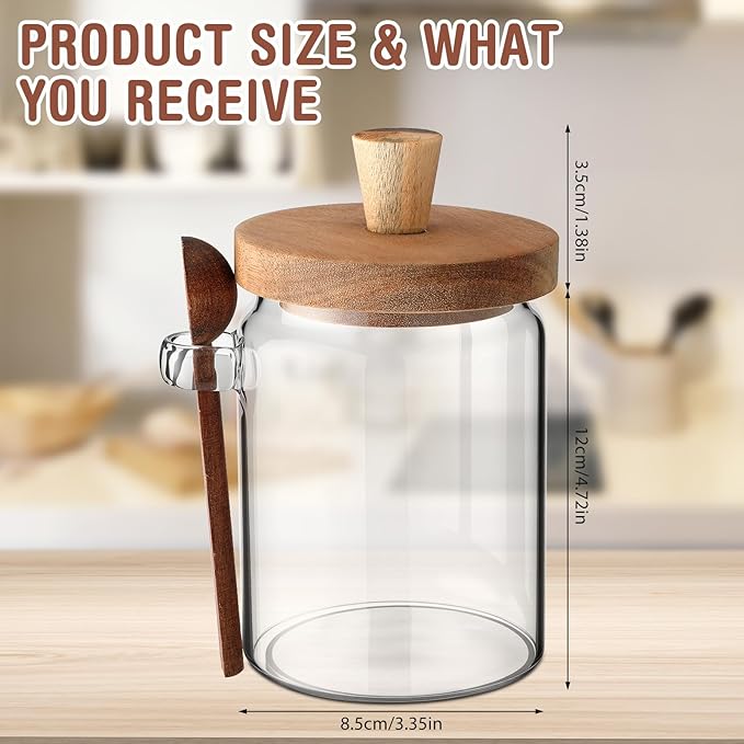 Remerry Set of 6 Glass Jar with Wooden Lid and Spoon, 20 oz Clear Airtight Spice Canisters Glass Food Storage Kitchen Containers Set for Coffee Bean Tea Sugar