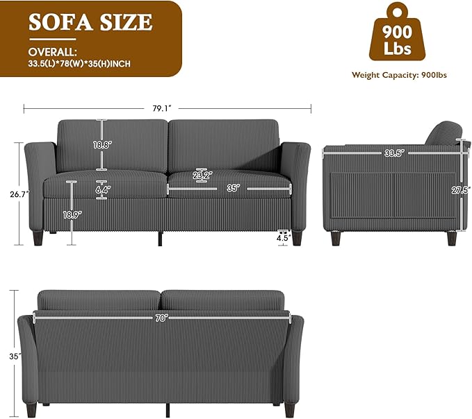 Valthie 79.1" Corduroy Loveseat Sofa, Modern Comfy Couches with Side Pocket, 3-Seater Sofa Couch for Living Room, Bedroom and Small Spaces,Grey