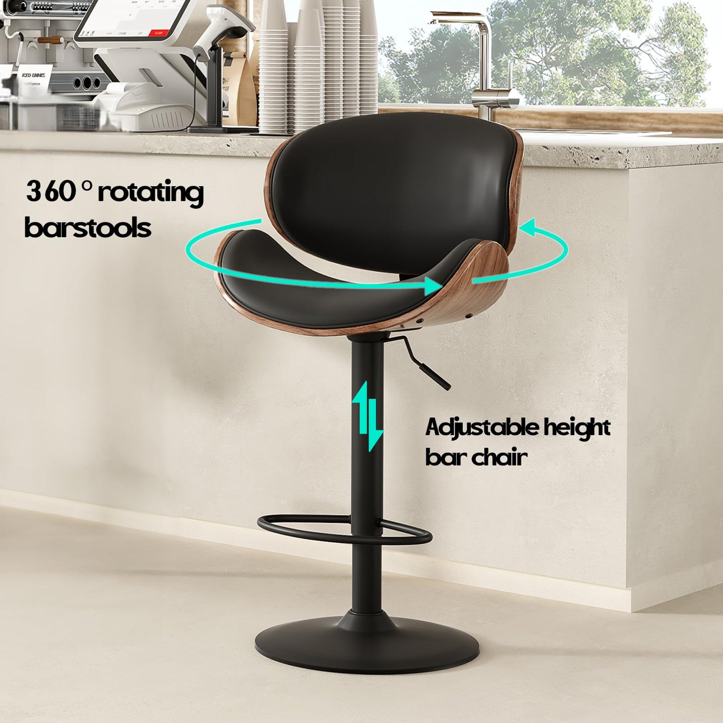 Farini Swivel Bar Stools Set of 2 Adjustable Height Bentwood Barstools with PU Leather Upholstered Seat, Backrest and Footrest,Modern Kitchen Counter Chairs for Bar, Dining Room,Black