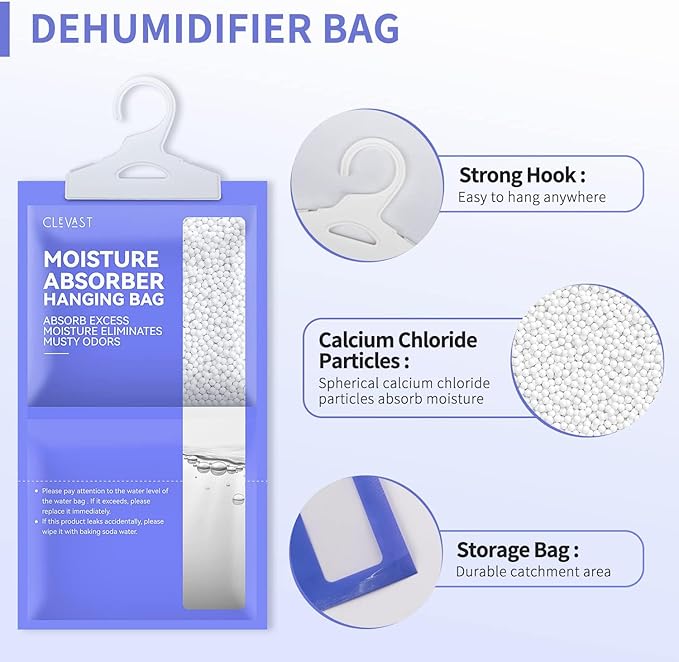 CLEVAST Moisture Absorbers Packets 5 Pack, Dehumidifier Bags for Closet, Unscented Hanging Humidity Absorber in Wardrobes, Bedrooms, Bathrooms(Net Wt. 230g/Pack)