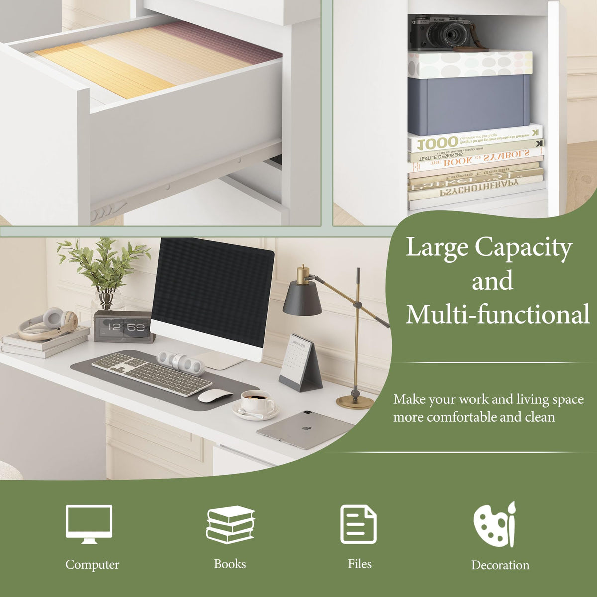 furtble White Desk with Drawers, 43 Inch Small Cute Desk for Bedroom, Home Office PC Desks Workstation Study Table Deskswith Storage, White