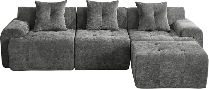 YAAREE 101.65” Modular Sectional Couch for Living Room, Modren L-Shape Cloud Sectional 3-Seater Sofa with Movable Ottoman, Woven Texture Upholstery Boneless Couch, No Assembly Grey