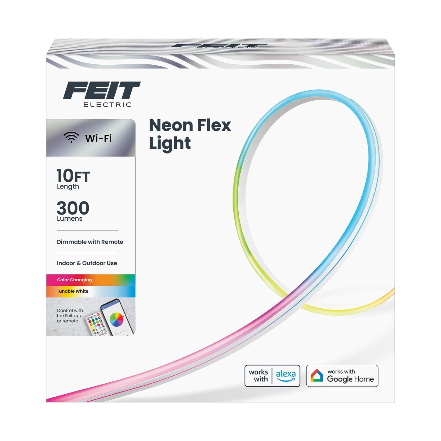 Feit Electric Smart LED Neon Flex Strip Lights, 10FT, Bendable, RGBW Color Chasing, Dimmable, 2.4Ghz WiFi Enabled, Compatible with Alexa and Google Home Asst, Music Sync, Remote App, NF10/CHASE/WP/AG