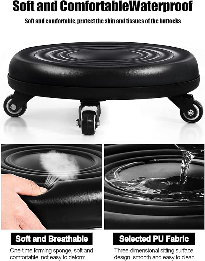 Lanstics Low Roller Seat Short Stools with Wheel Chair PU Leather Rolling Stool Seats Universal Wheels for Home Office Fitness Round Roller Seat Stool (Black)