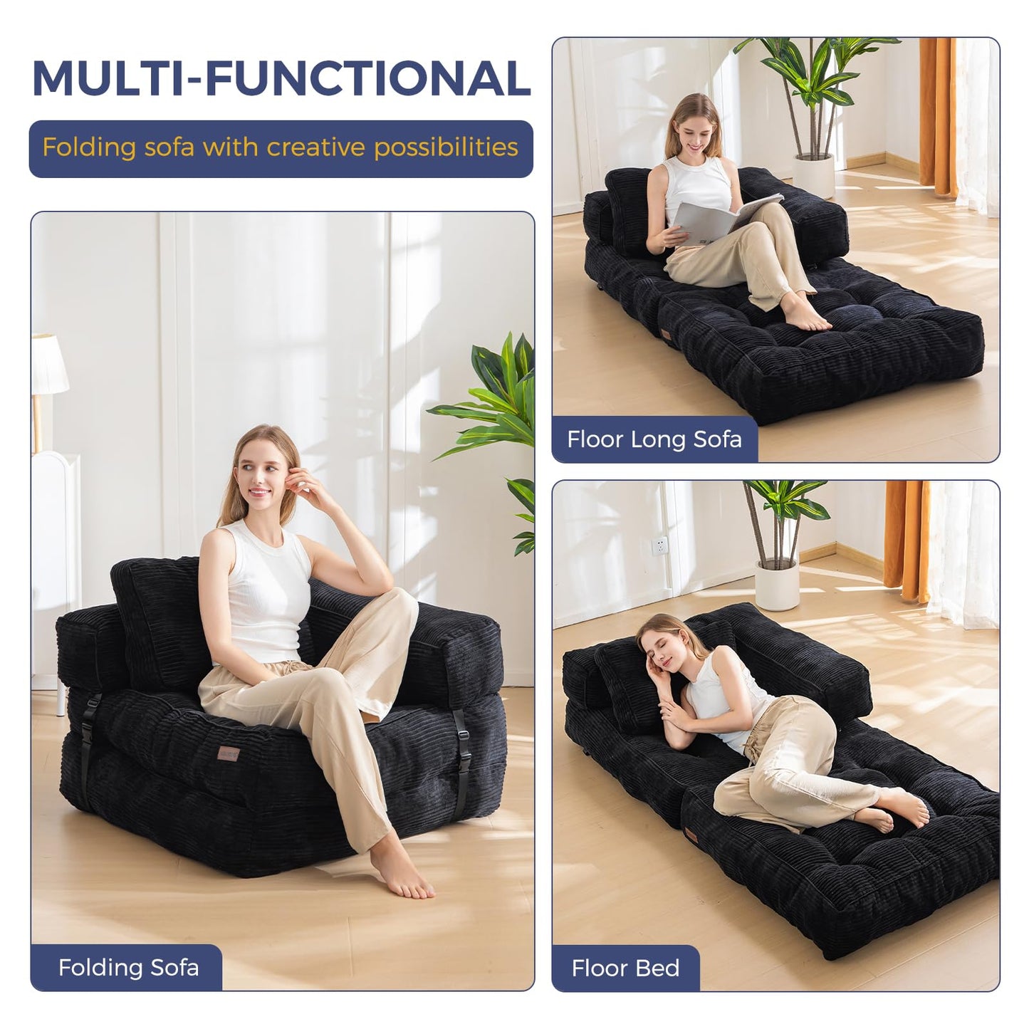 MAXYOYO Folding Sofa Bed, L-Shaped Convertible Sofa with Armrest Foldable Sleeper Bed with Pillow, Portable Fold Out Chair Comfy Floor Lounge for Living Room Bedroom, Black