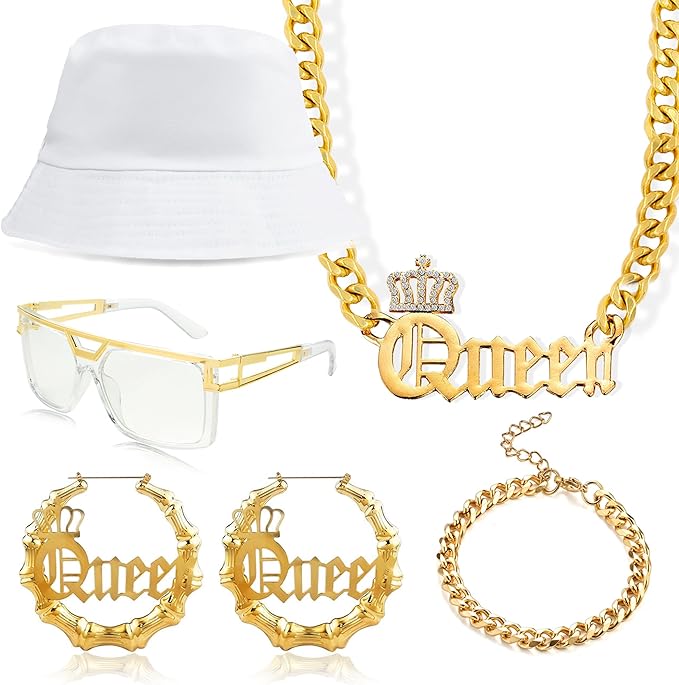 MEDOJO 80 90s Hip Hop Queen Costume Kit Hat Accessories Set for Women Rapper DJ