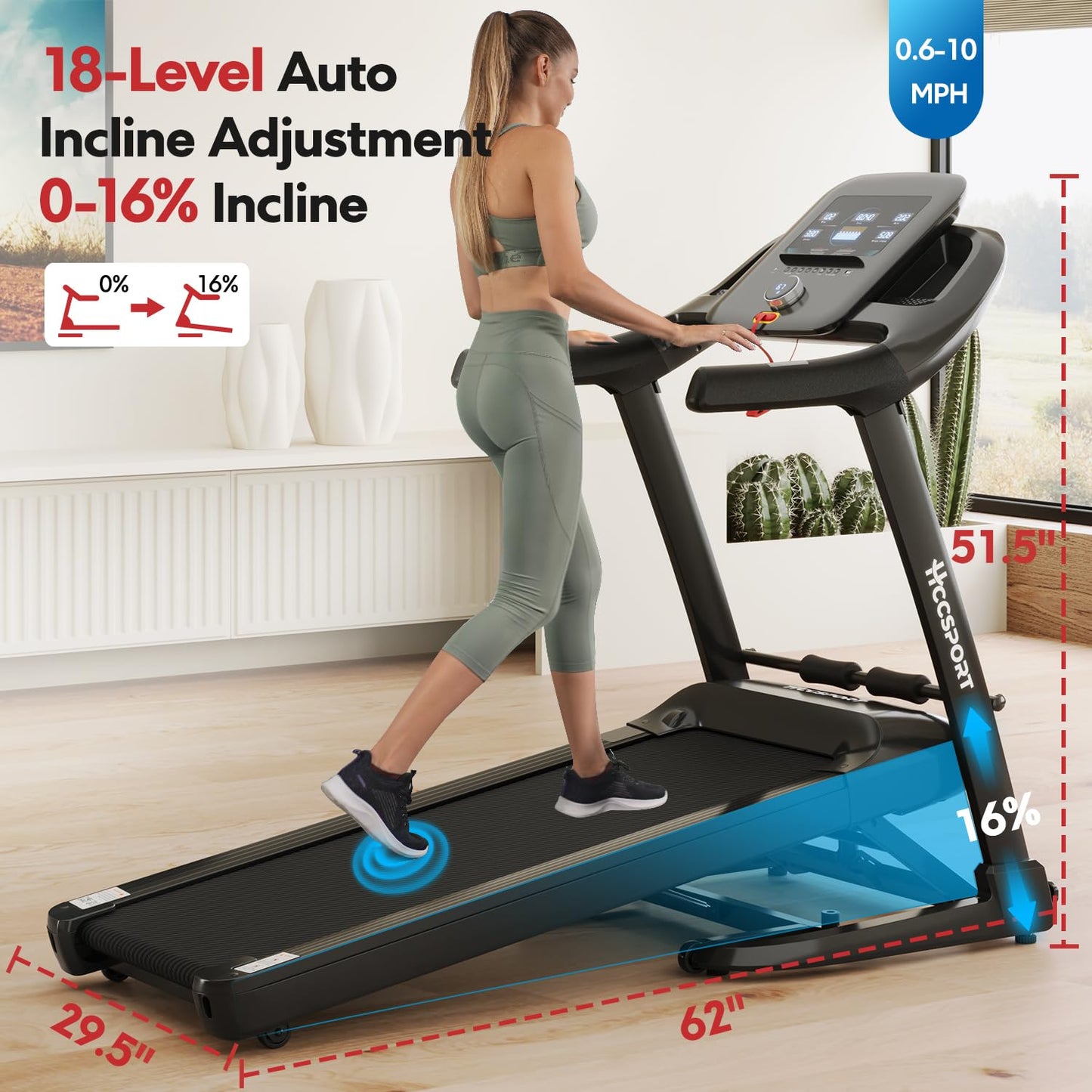 Walking Treadmill with 16% Auto Incline, Air Cushioning Shock Absorption 350lb Weight Capacity Foldable Treadmill for Home Office with Pulse Sensors, 10 Mph Speed 18.5'' Wide Belt Quiet Motor