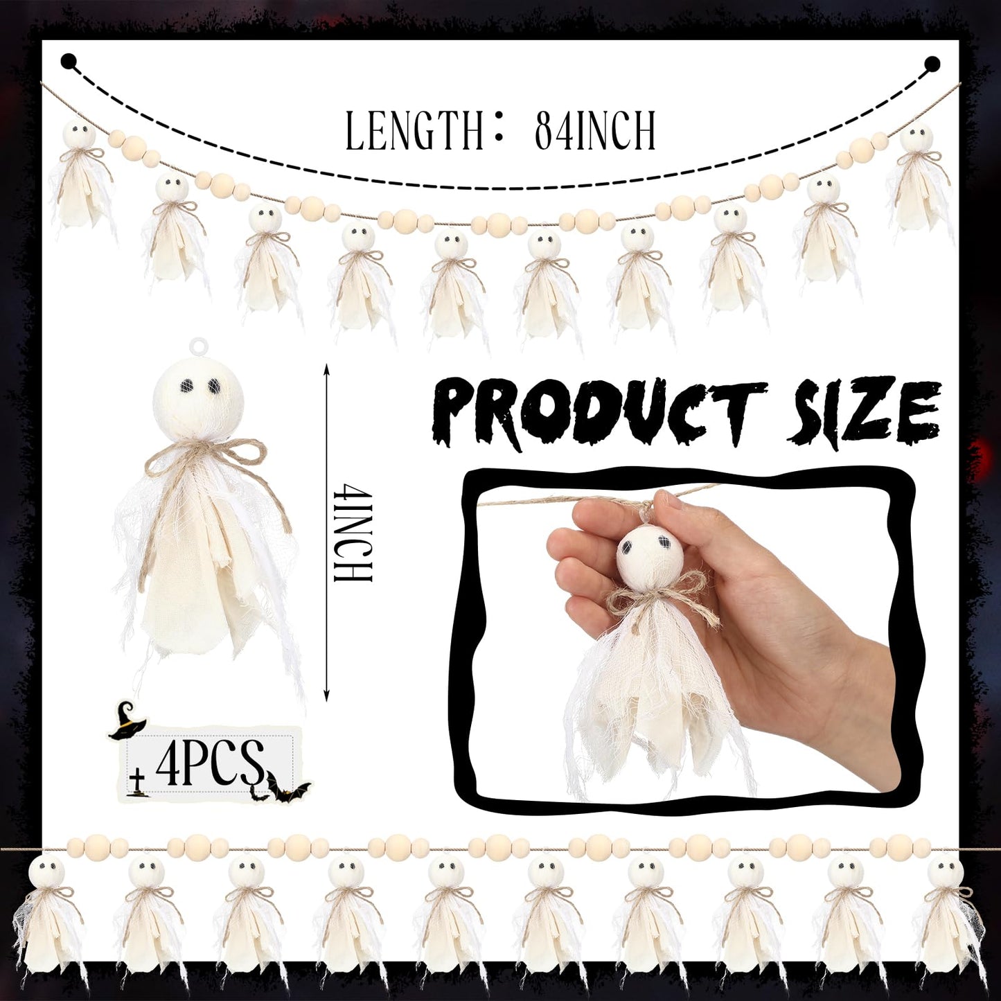 Fanfanwin 7Ft Halloween Garland Cute Halloween Ghost with Wooden Beads Garlands Rustic Ghost Banner for Wall Home Indoor Outdoor Fall Decor Supplies (White)