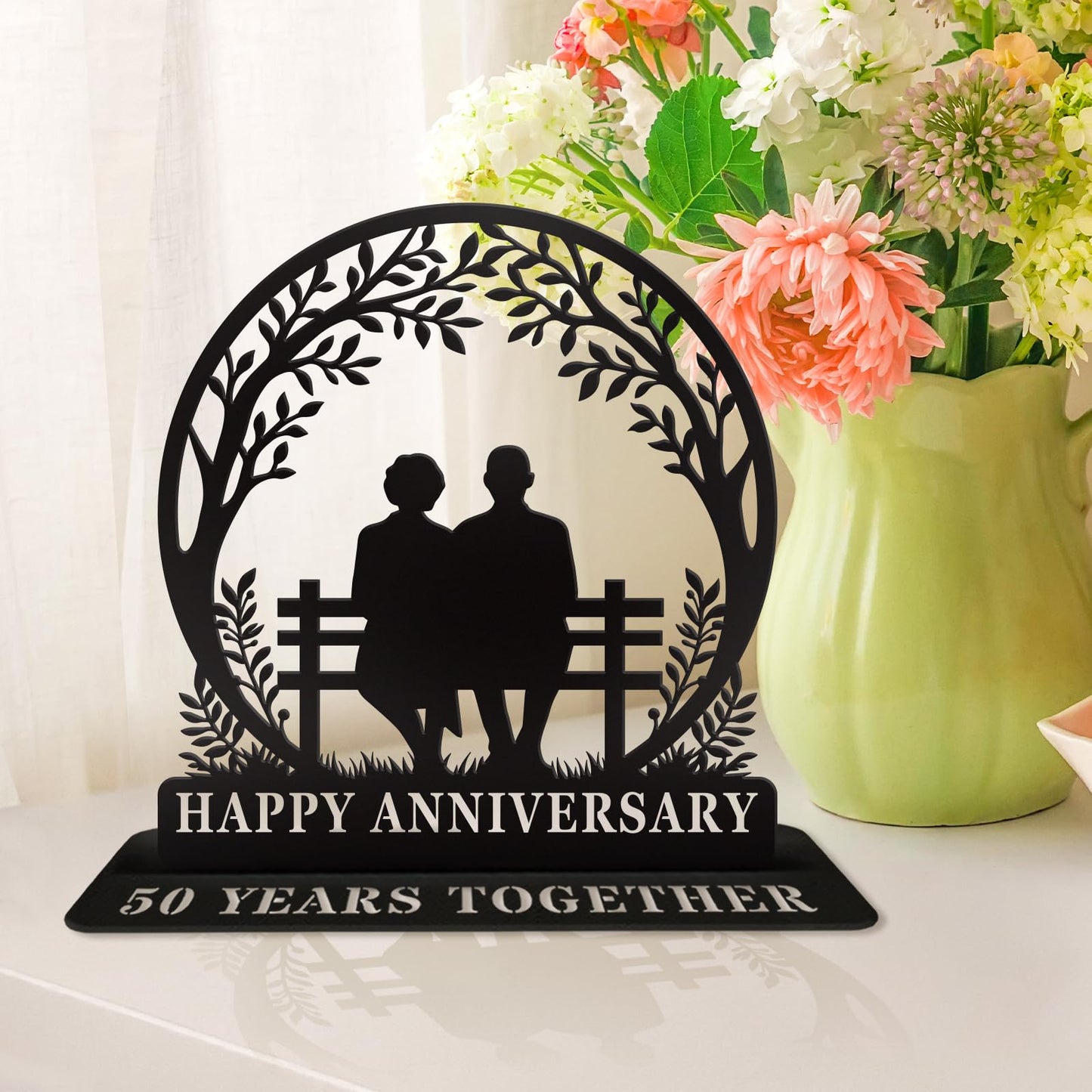 50th Anniversary Iron Table Decor for Couple Parents Friends Golden Wedding Gift Metal Sculpture Decoration for 50 Year Marriage Celebration