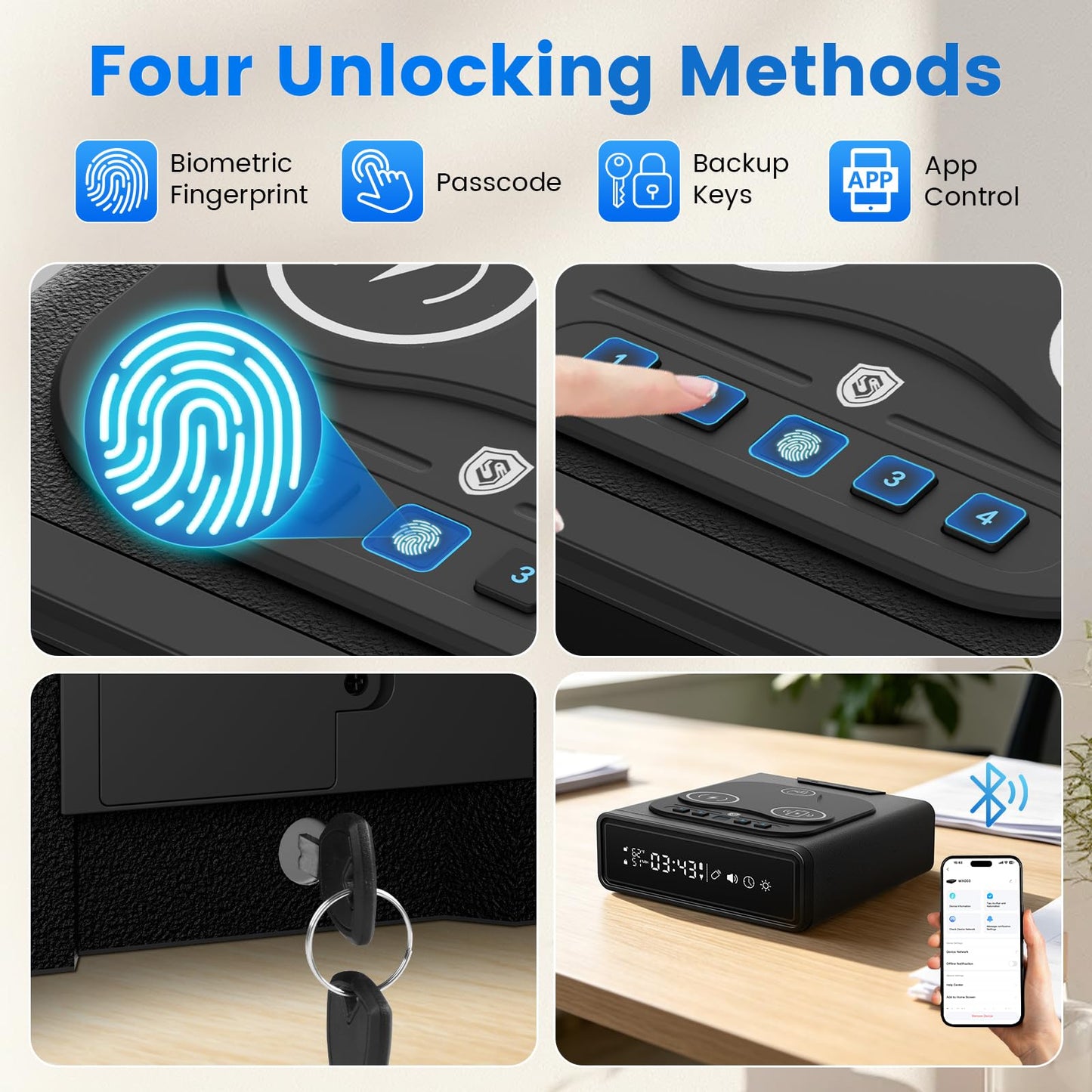 Saforo Biometric Smart Gun Safe with 3-in-1 Wireless Charging,4 Quick Access with Bedside Pistol Safe for Handgun,Bluetooth App Control,Nightstand Gun Safe with Alarm Clock,LED Light 1pcs