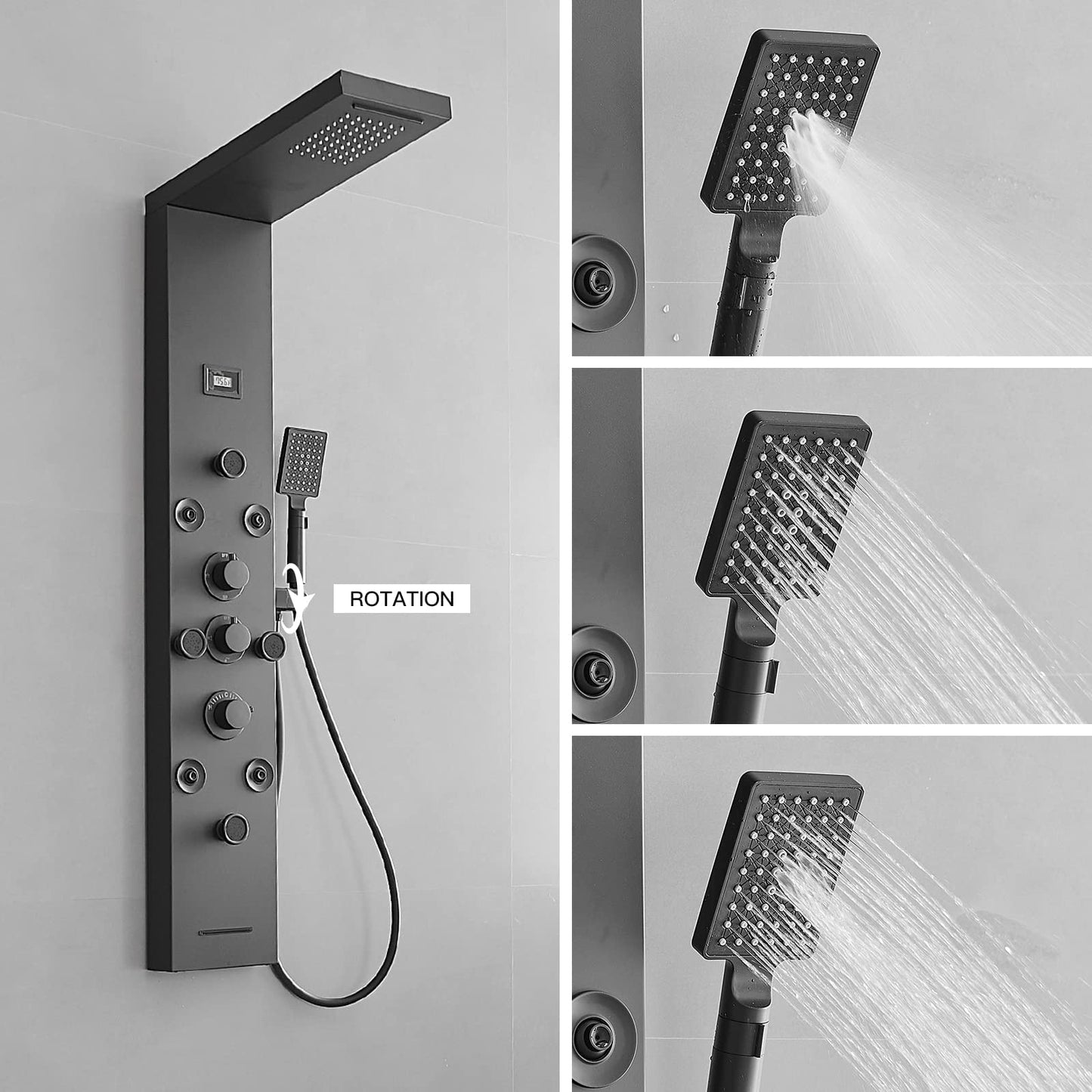 BWE Shower Panel Rainfall Waterfall with Handheld Shower Matte Black 6 IN 1 Stainless Steel Shower Tower Panel System Massage Body Jets with Tub Spout Water Temperature Display Wall Mount