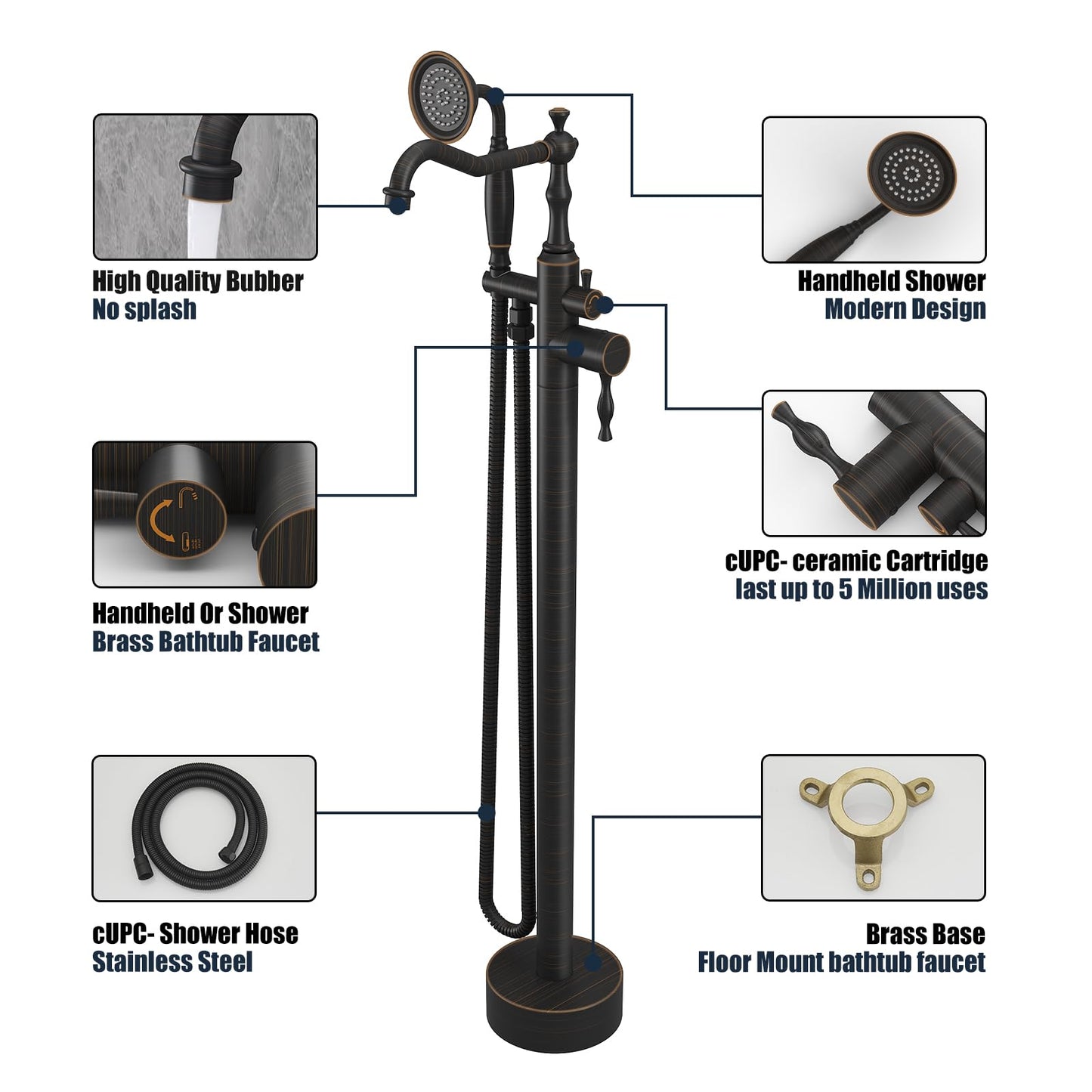 Kroias Oil Rubbed Bronze Standing Bathtub Faucet Freestanding Tub Filler High Pressure Single Handle Bathtub Filler Floor Mounted Brass Bathroom Stand Tub Faucets with Handheld Shower