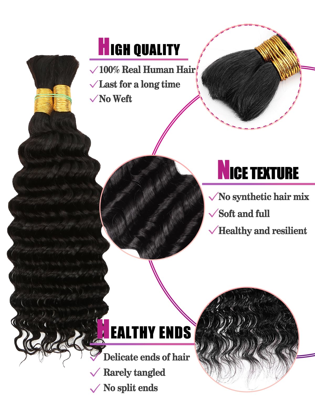 1B Black Human Braiding Hair Deep Wave Bulk,No Weft Curly Hair Extensions for Boho Braids Wet and Wavy Braiding Human Hair Bundl