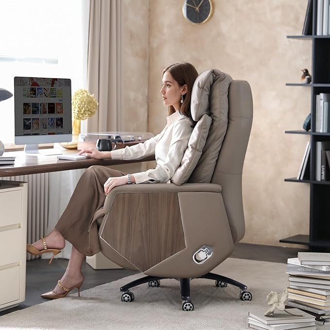 EMIAH Ergonomic Office Chair with Footrest Electric Reclining Executive Office Chair Big and Tall with Massage and Ventilation High Back Comfortable Swivel Desk Chair, Genuine Leather (Light Khaki)