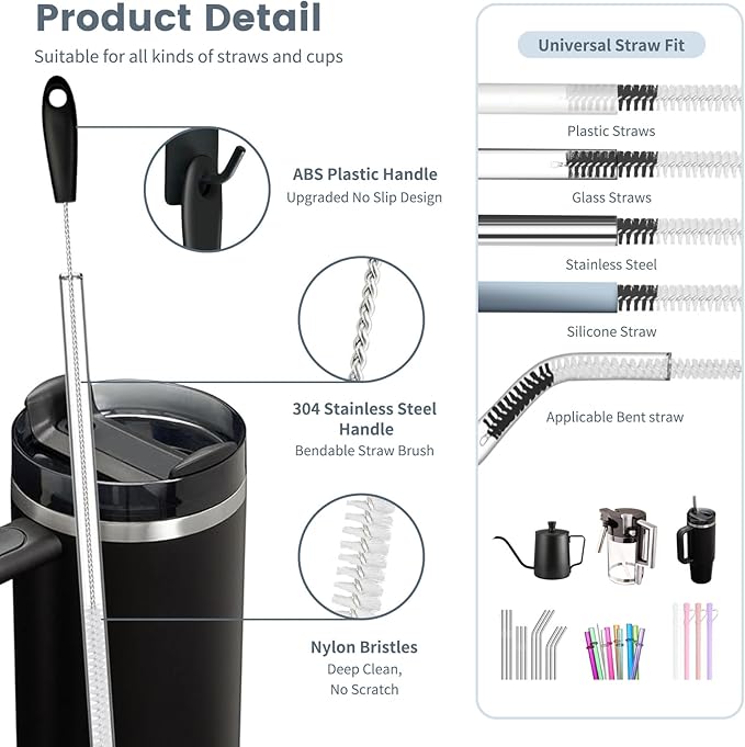 Straw Cleaning Brush Set, 4 Sizes (6/8/10/12mm) + 3-in-1 Lid Brush, 15-Inch Long Handle for Thorough Reach, Fits Most Reusable Cups and Straws for Home & Travel Use, Black