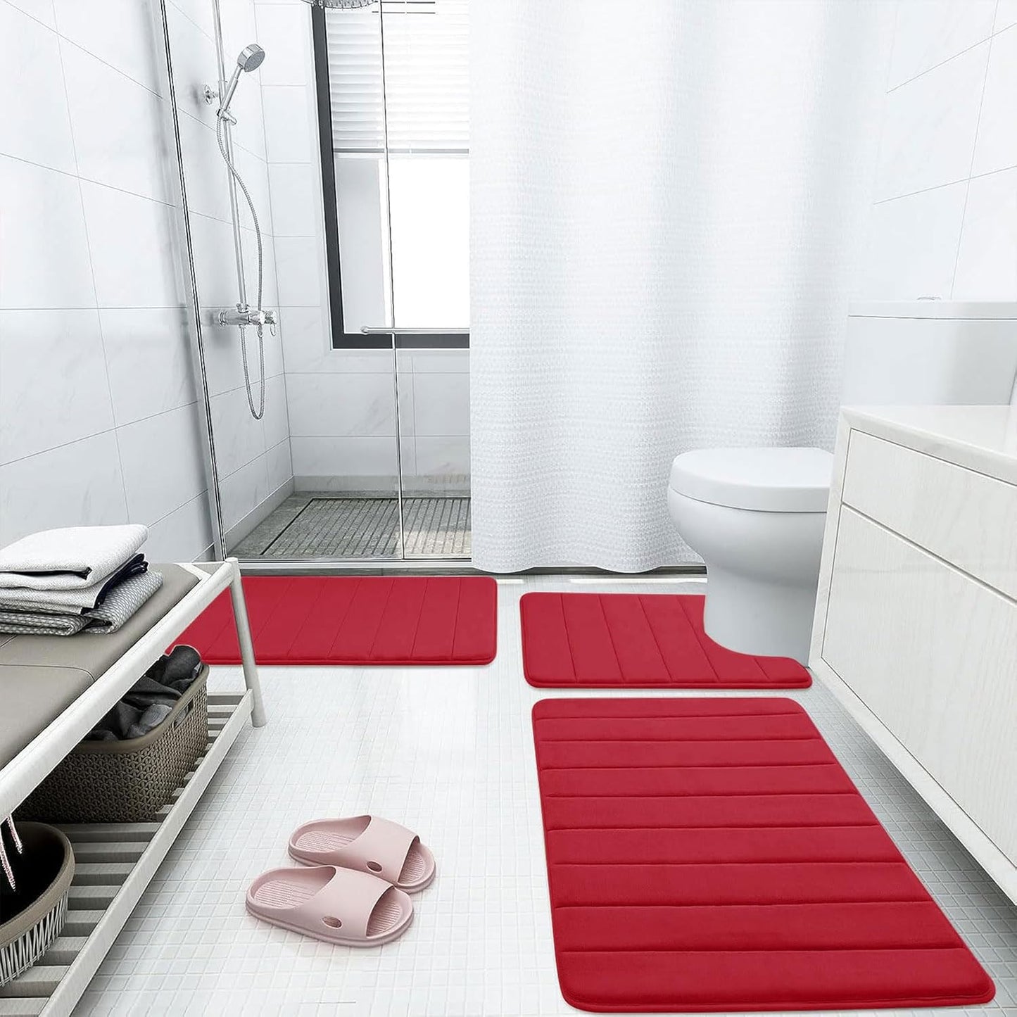 Buganda Memory Foam Bath Mat, 47" x 20", Ultra Soft and Non-Slip Bathroom Rugs, Water Absorbent and Machine Washable Bath Rug Runner for Bathroom, Shower, and Tub, Red