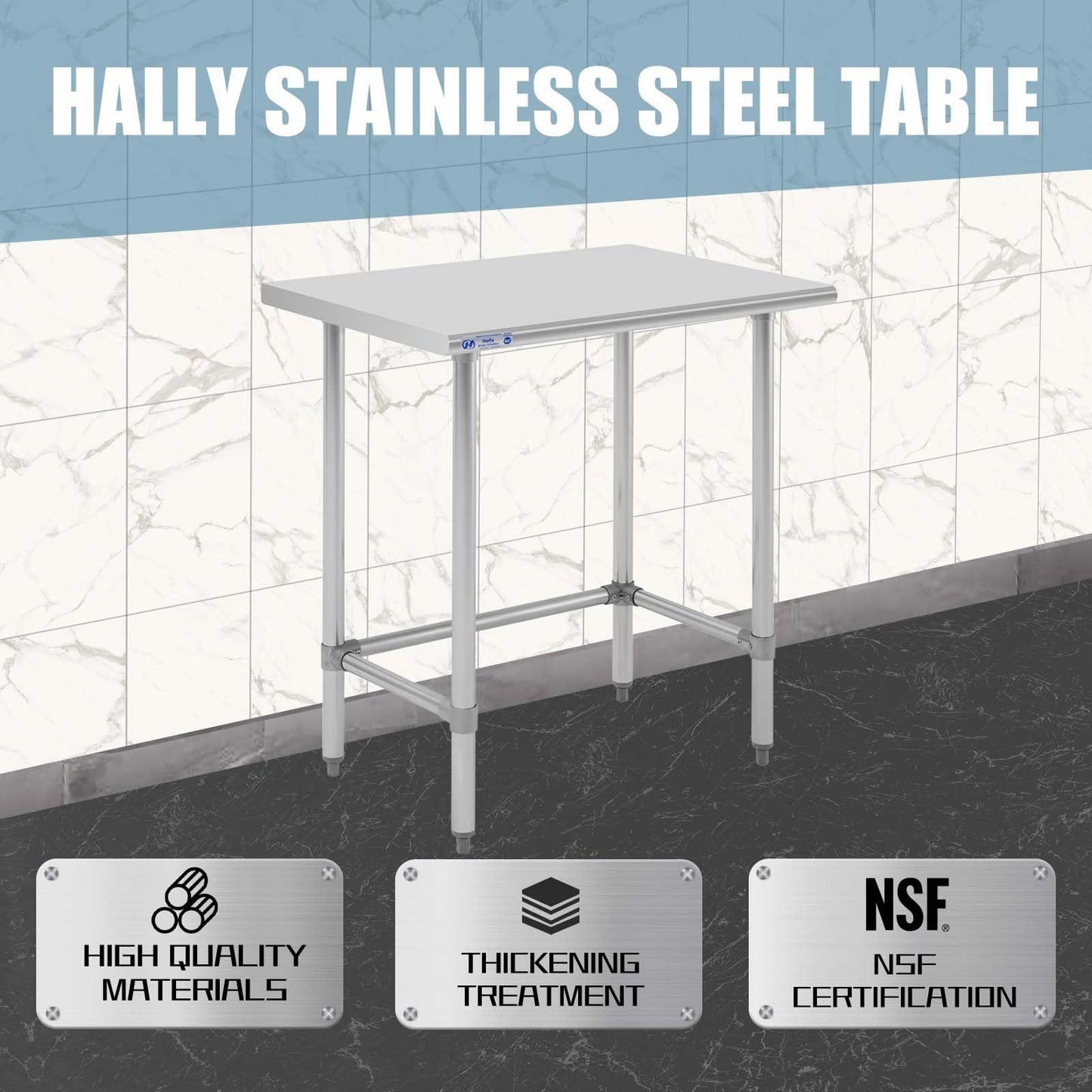 Hally Open Base Stainless Steel Table 24 x 30 Inches, NSF Commercial Heavy Duty Prep & Work Table with Galvanized Legs for Restaurant, Home and Hotel