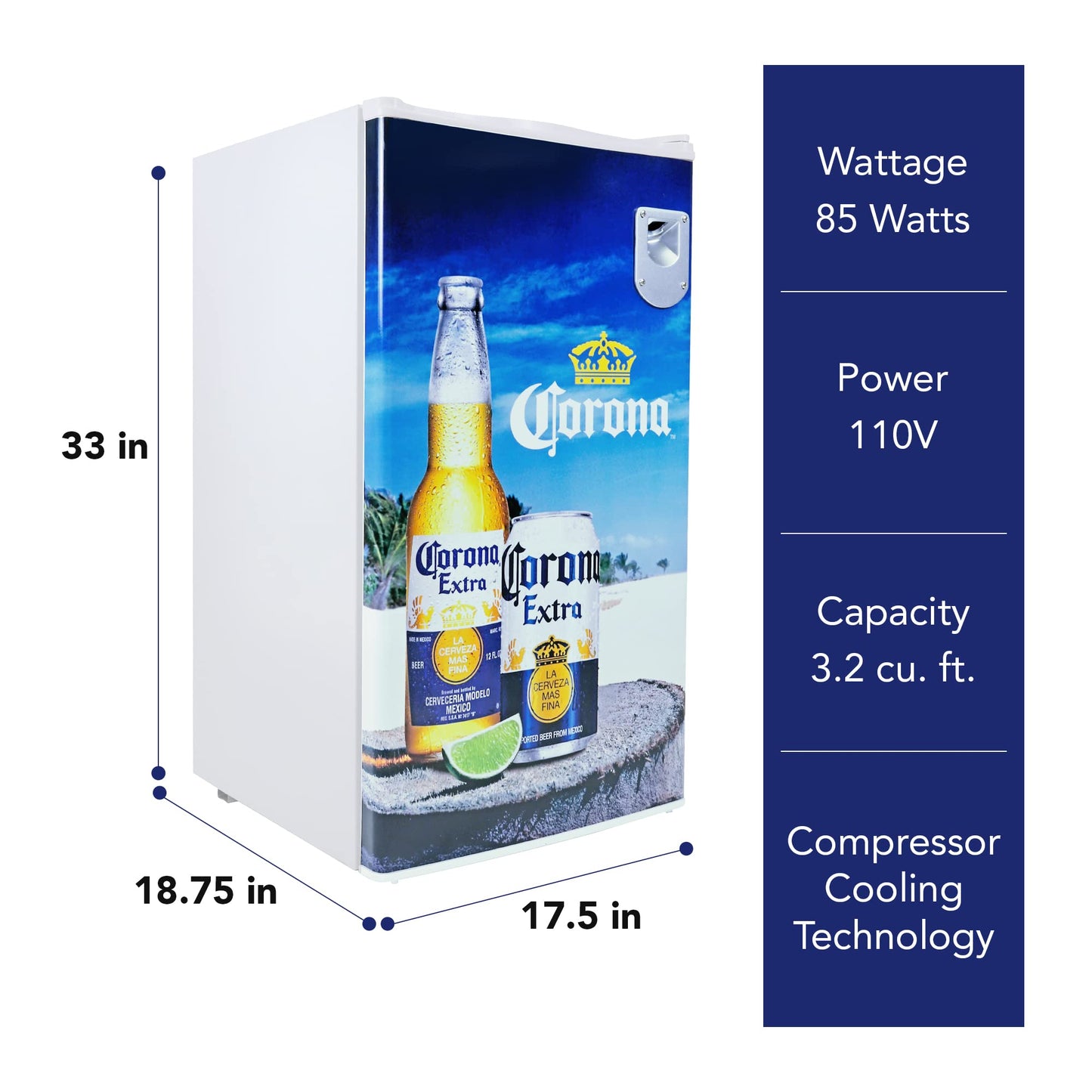 Corona Refrigerator - 3.2 Cubic Feet Capacity, White, Mini Fridge For Kitchen, Bedroom, Office, Dorms, Cuarto, Cool Storage For Wine, Drink, Beverages, Compact Free Standing, Neveras Pequeñpara