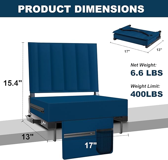 Aliphon Stadium Seat for Bleachers with Back Support and Cushion, Bleacher Seats with Shoulder Strap and Cup Holder, Padded Portable Folding Comfort Stadium Chair, for Sports Events, Navy Blue (1pcs)