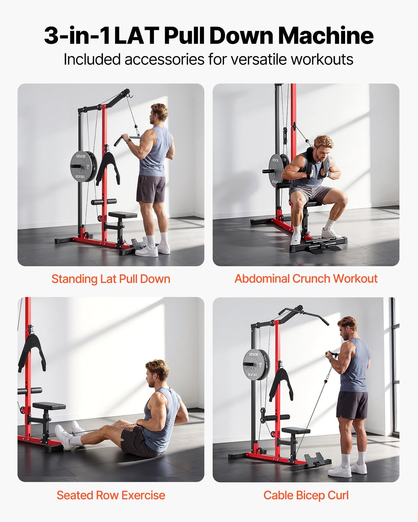 VEVOR LAT Pull Down Machine, 3-in-1 Row Cable Machine, Cable Machines Home Gym with 3-Level Adjustable Seat, 4-Level Adjustable Foam Roller, Load 400 lbs LAT Tower for Back, Chest, Tricep, Black