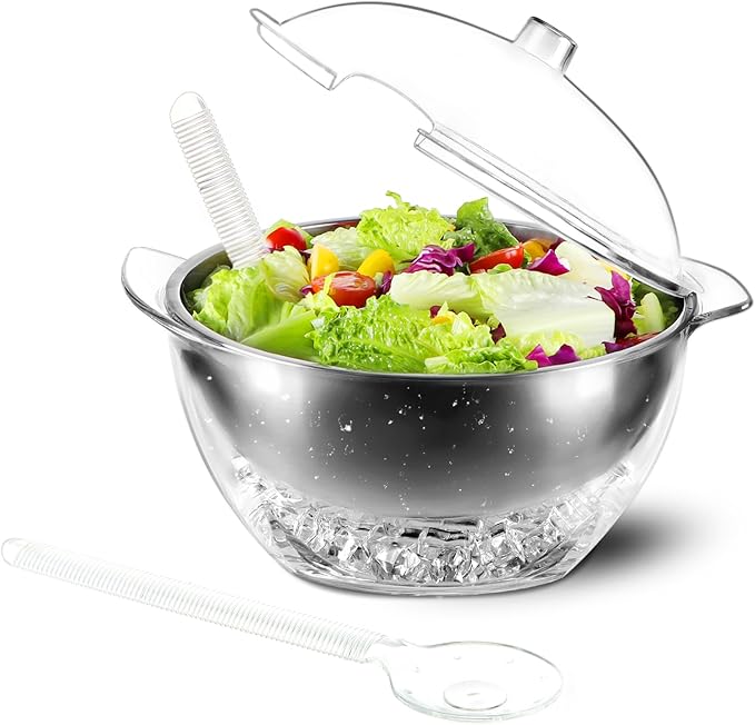 MOLIGOU Iced Salad Bowl, Salad Serving Bowl with Ice Holder and Lid, Chilled Serving Bowl for Parties