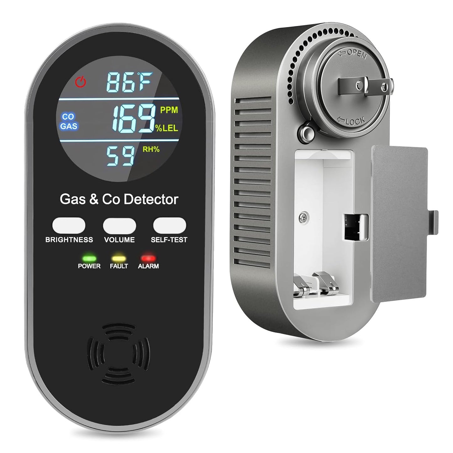 5-in-1 Gas & CO Detector with Digital Display | Plug-in + 9V Battery Backup Carbon Monoxide Detectors| Adjustable Brightness & Alarm Volume | Home, RV, Apartment (1-Pack)