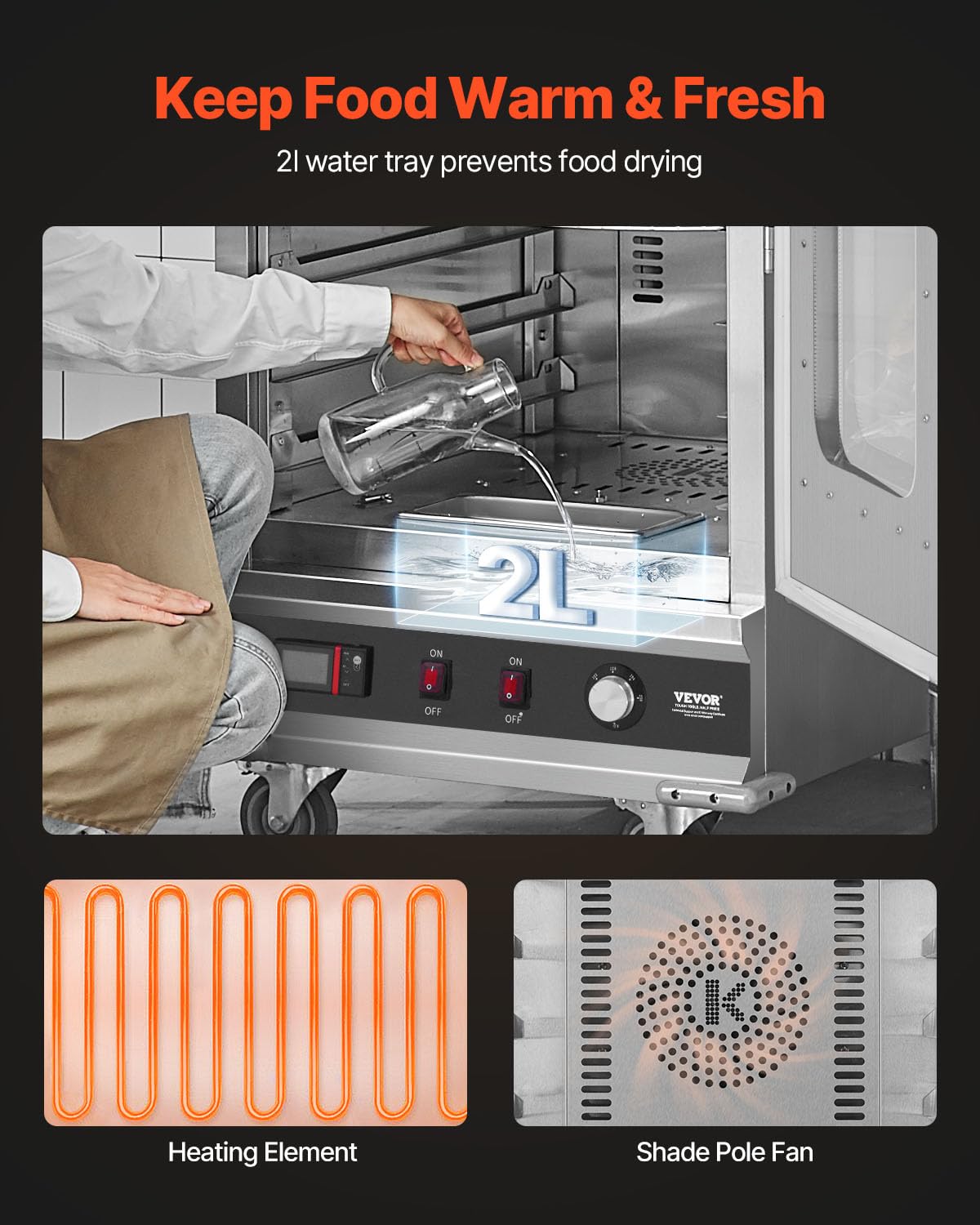 VEVOR Hot Box Food Warmer, 16-Tier Large Concession Warmer with Water Tray, Glass Single-Door and Adjustable Shelves, Stainless Steel Food Warmer Cabinet, Ideal for Storing Pizza, Chicken, Restaurant