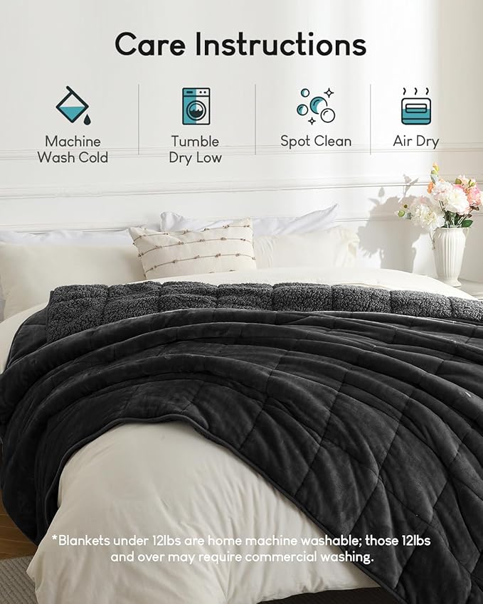 Cottonblue Sherpa Fleece Weighted Blanket 15lbs for Twin/Full Ded - Plush Bed Blanket for Deep Sleep and Relaxation, Heavy Calm Blankets with Cemaric Beads, 48x72 Inches, Black