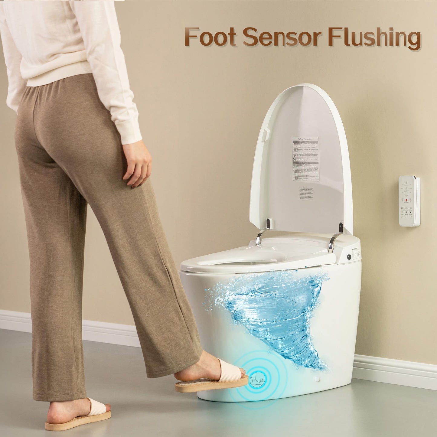 WOODBRIDGE B0970S Smart Tankless Toilet Elongated One Piece Chair Height, Auto Flush, Foot Sensor Operation, Heated Seat with Integrated Multi Function Remote Control in White