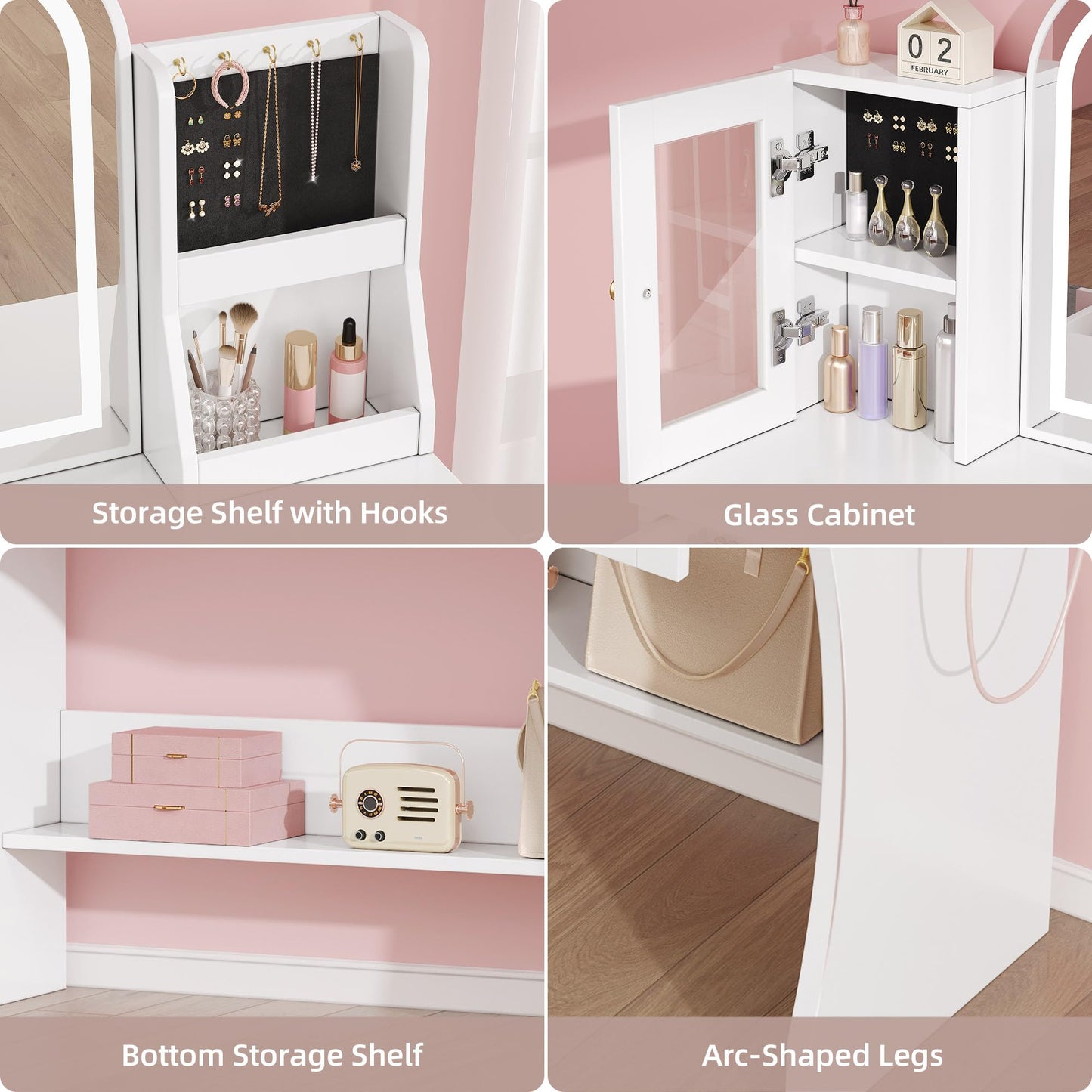 DWVO Makeup Vanity with Mirror and Lights, Makeup Vanity with Charging Station, Jewelry Storage Cabinet, Open Shelves