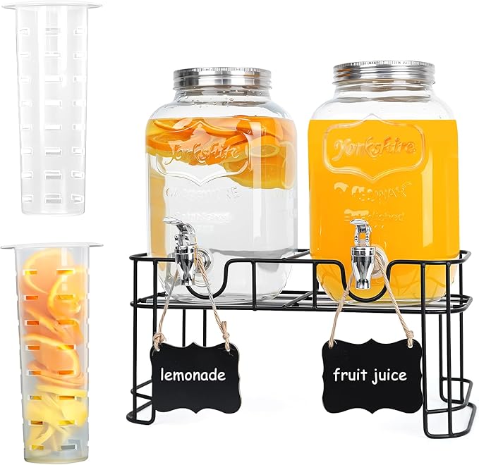 2-Pack 1 Gallon Glass Drink Dispensers for Parties - Leak-Proof Beverage Dispenser with Stand, Spigot, Ice Cylinder & Chal...