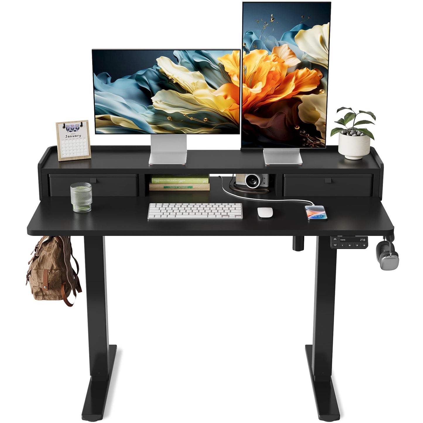 YIHAYO Electric Standing Desk with Drawers, 48 x 24 Inches Adjustable Desk with Storage Shelf, Stand Up Desk with Splice Board, Computer Table for Home Office, Black Frame/Black Top