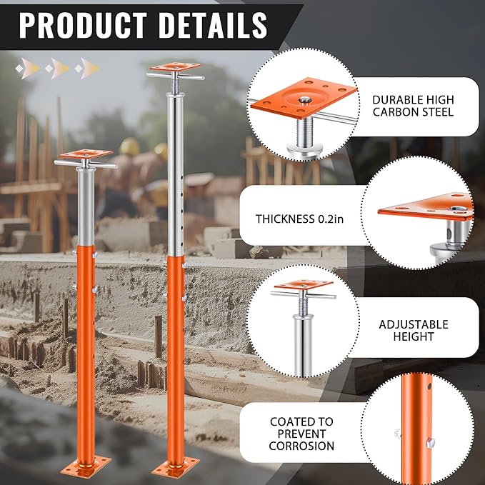 Yaocom 2 Pcs Adjustable Jack Post, 37"-61" Height Range, Basement Floor House Screw Jacks for Lifting Joist Beam Brace for Cellar Ceiling, Center Point Load Capacity 11023 Lbs, Orange