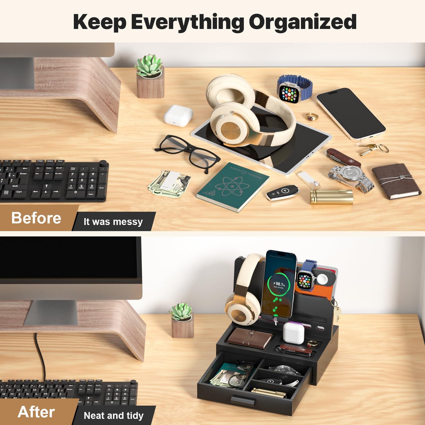 Vdamu Phone Docking Station for Men - Desk or Nightstand Organizer with Drawer - Birthday Gifts for Husband, Dad, Boyfriend,Him - Wooden Charging Station for Phone Watch Key Holder Wallet (Black)
