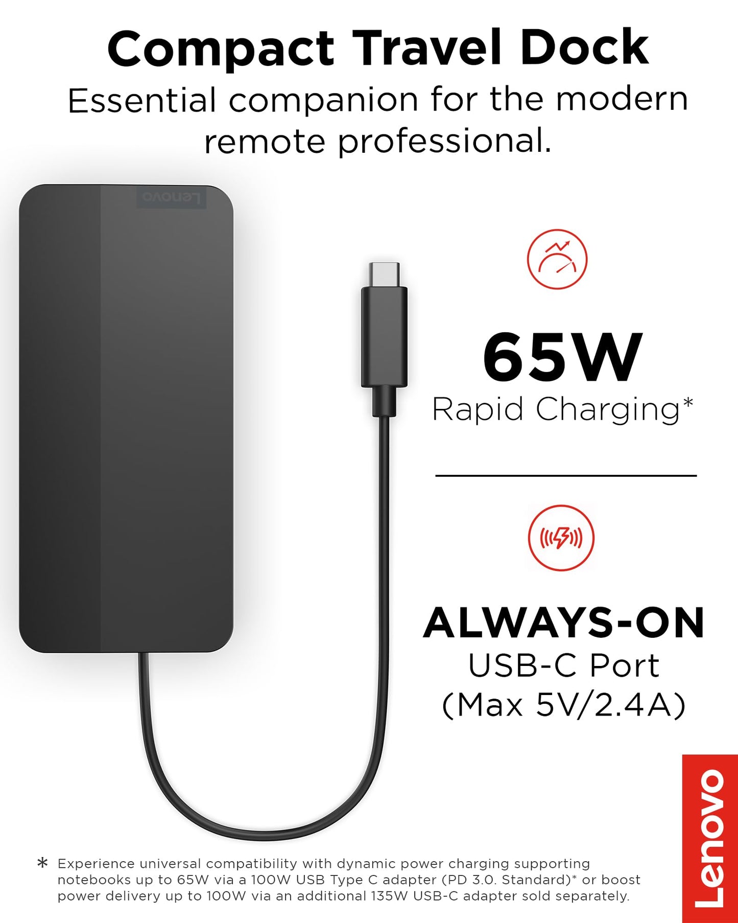 Lenovo USB-C Dual Display Travel Dock w/ 100W Power Adapter - 7 Ports, Integrated USB-C Cable, Universal Compatibility, Dual Displays at 4K - Black