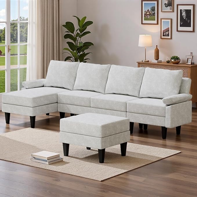 Topcomfy U-Shaped Sectional Couches for Living Room, Convertible 4 Seat Modular Sectional Sofa Set with Ottoman, Modern L Shaped Couch with Chaise for Bedroom Apartment and Office, Chenille White