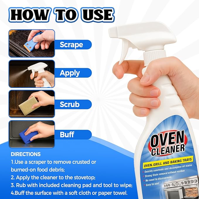 Heavy Duty Stove and Oven Cleaner Kit, Includes Cleaning Tool, Razor, Scraper and 1 Pad to Remove Tough Stains - Use on Gas, Electric, Ceramic Surfaces, 16.9 Ounces, 4 Piece