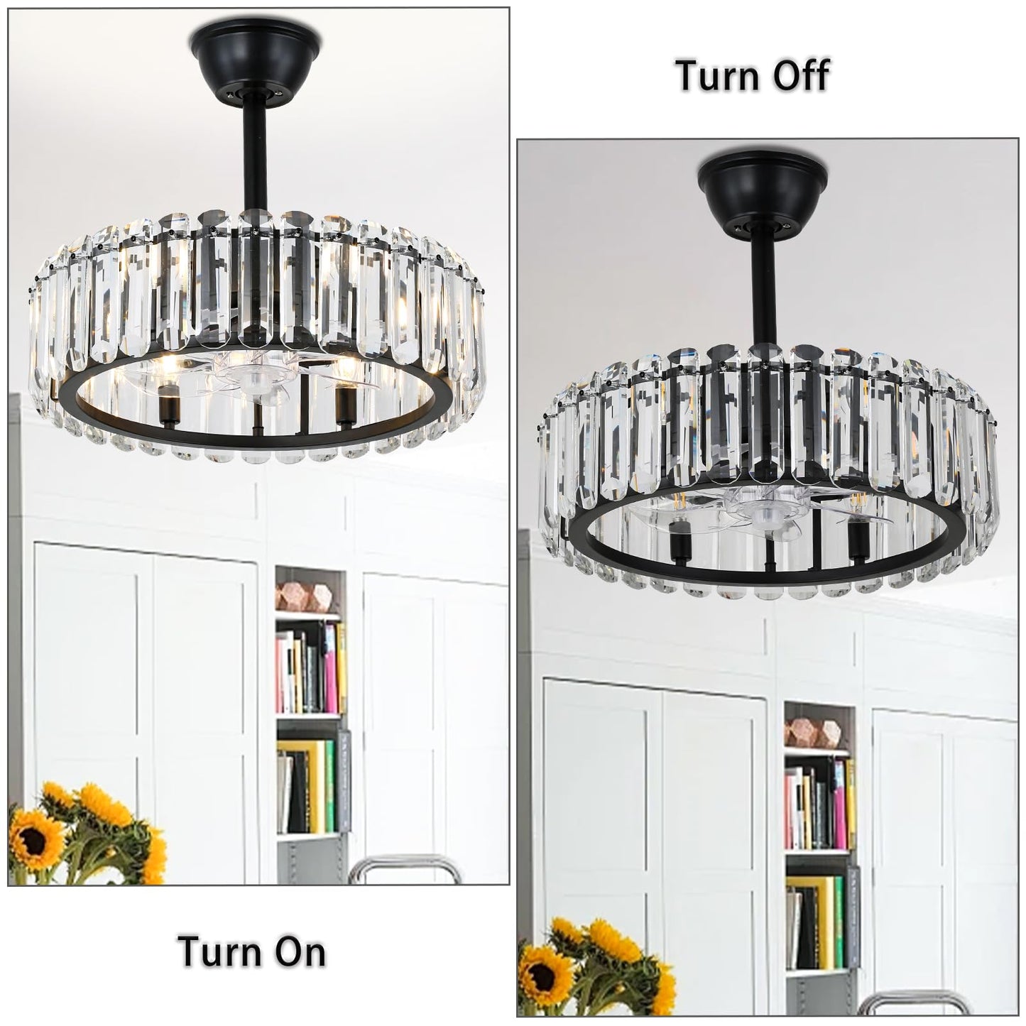 FRIXCHUR Crystal Caged Ceiling Fan with Lights and Remote 20.7 Inch Black Fandelier Semi Flush Mount 6 Speed Reversible Chandelier for Dining Bedroom Living Room Kitchen E12 x 6 Bulbs Not Included